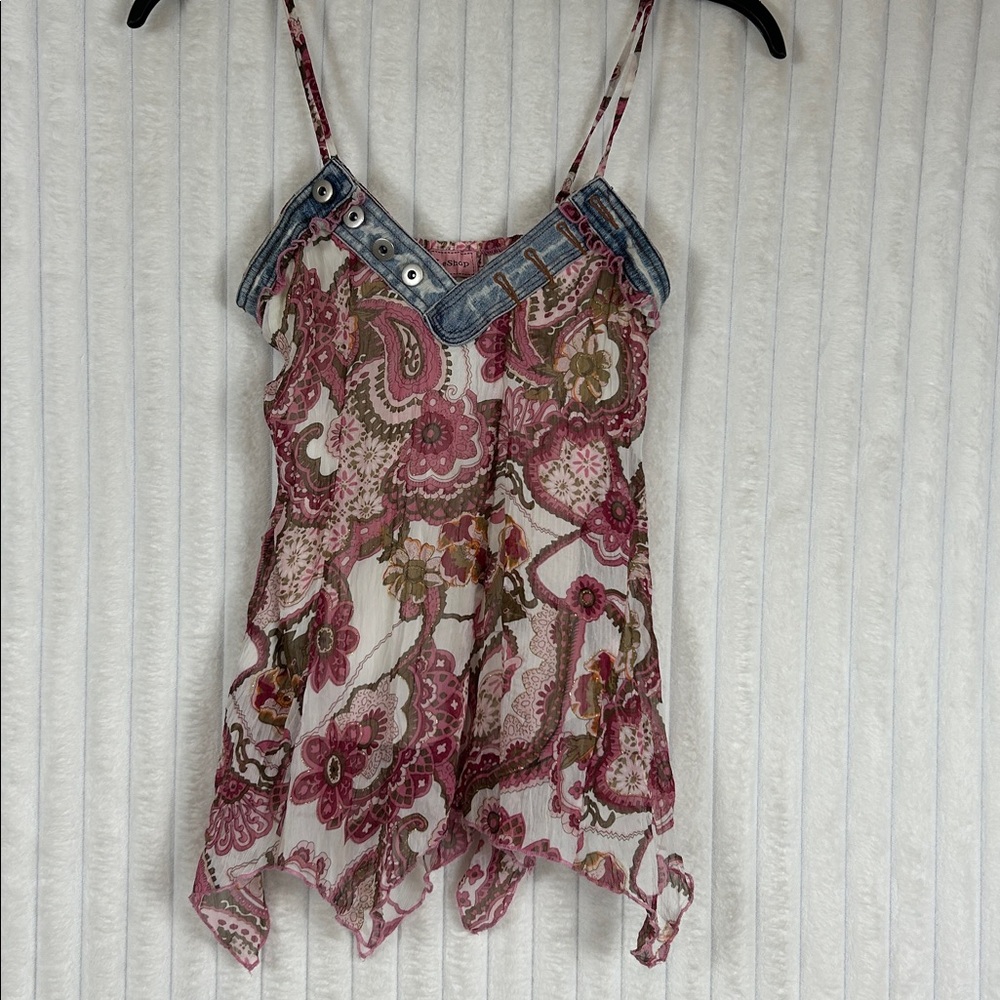 Y2K Leshop floral print denim trimmed whimsical fairy tank size small